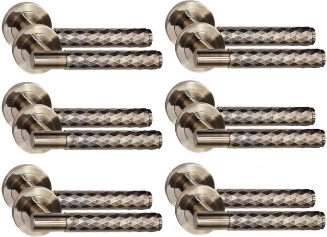 Golden Grace Knurled Diamond Cut T-Bar Door Handle with Spindle and Screws, Brass, 6 Pair