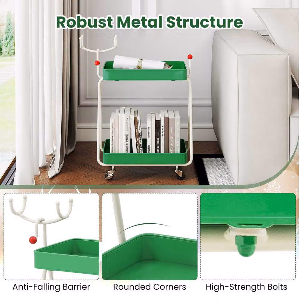 Costway 2-Tier Metal Rolling Cart in Matt Green – 2