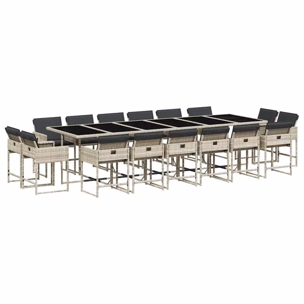 Berkfield Home 17 Piece Extendable Garden Dining Set with Light Grey Cushions and Glass Top Poly Rattan – 2