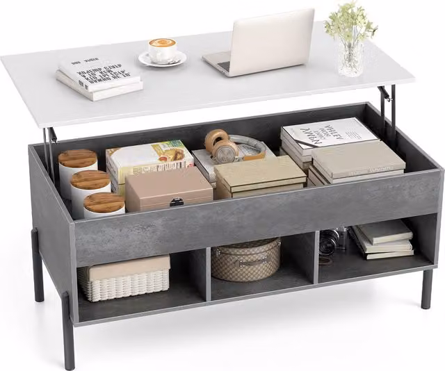 Gymax Modern Rectangular Lift-top Coffee Table with Metal Legs in Grey