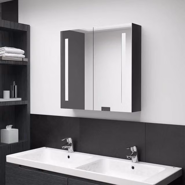 Berkfield Home LED Bathroom Mirror Cabinet in Glossy Black, W/D/H: 62 x 14 x 60 cm