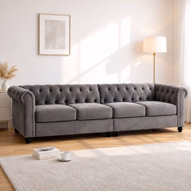 Sofaya Hampton 4 Seater Chesterfield Sofa in Grey Velvet