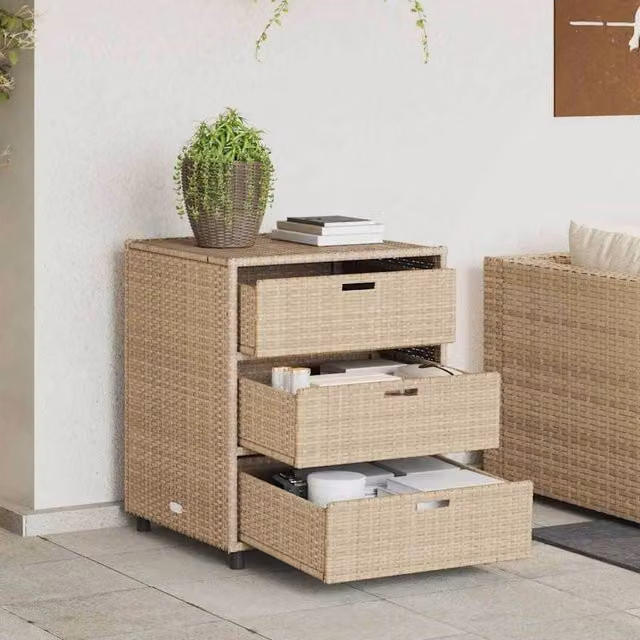 Berkfield Home Garden Storage Cabinet in Beige Poly Rattan and Steel, W/D/H: 55 x 59 x 69 cm