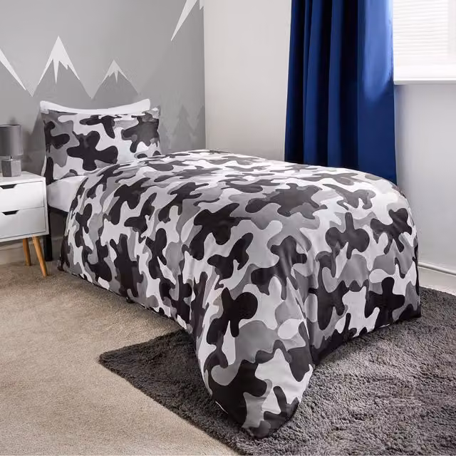 OHS Reversible Graphic Abstract Camo Duvet Cover Set in Black, White, Blue and Red