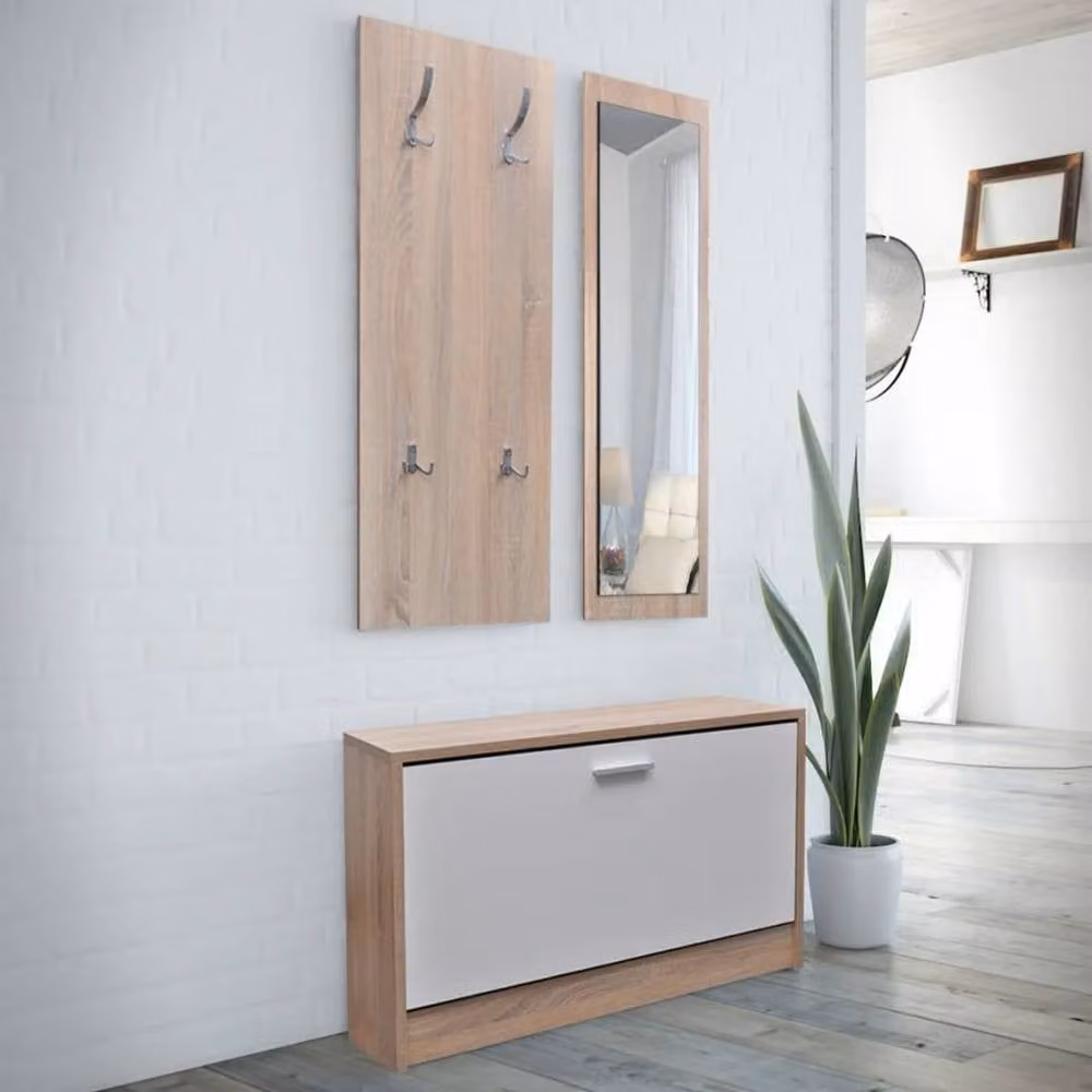 Berkfield Home 3-in-1 Oak and White Wooden Shoe Cabinet Set with Mirror and Wall Rack in Brown