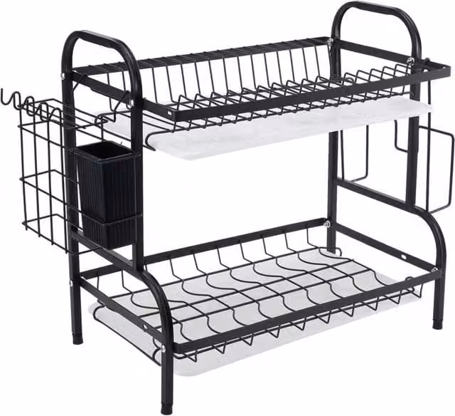 Garden Sanctuary 2-Tier Black Steel Dish Drying Rack with Drip Tray and Cutlery Holder – 1