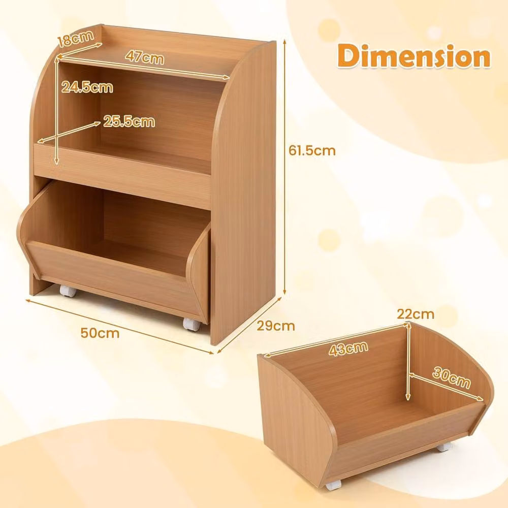 VOGREX Kids Toy Shelf with 2 Open Shelves and Wheeled Drawer in Natural Brown Wood – 2