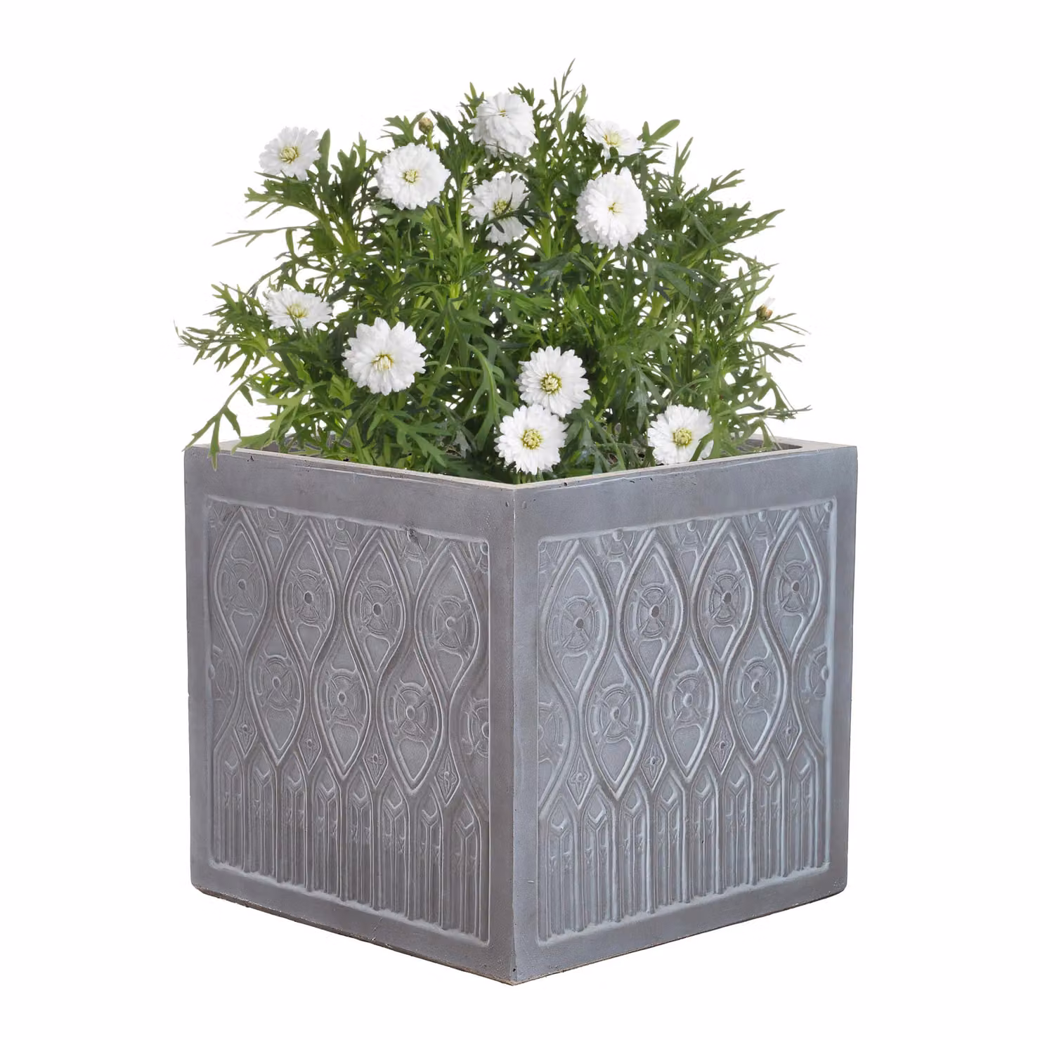 Dibor Grey Small Embossed Fibreclay Outdoor Garden Planter Pot W: 30.0 cm, D: 29.5 cm, H: 30.0 cm – 2