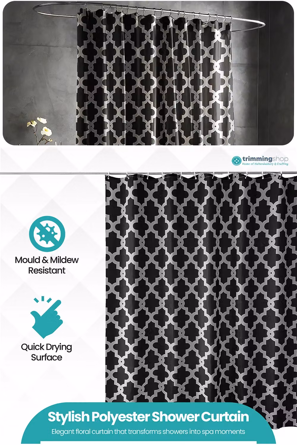 Neel Blue Trellis Black Polyester Shower Curtain with 12 Hooks, W/H: 180 x 200 cm – 3