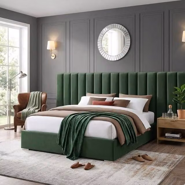 Stratus Interiors Raphael Extra Wide King Size Ottoman Bed with Gas Lift Headboard in Green Velvet