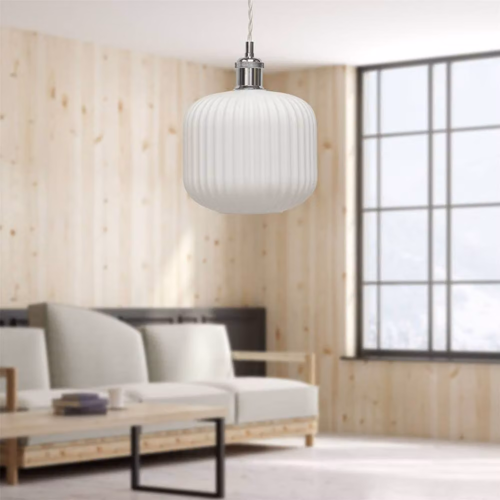 First Choice Lighting Bento Retro Pendant Fitting with White Ribbed Glass and Chrome Finish – 2