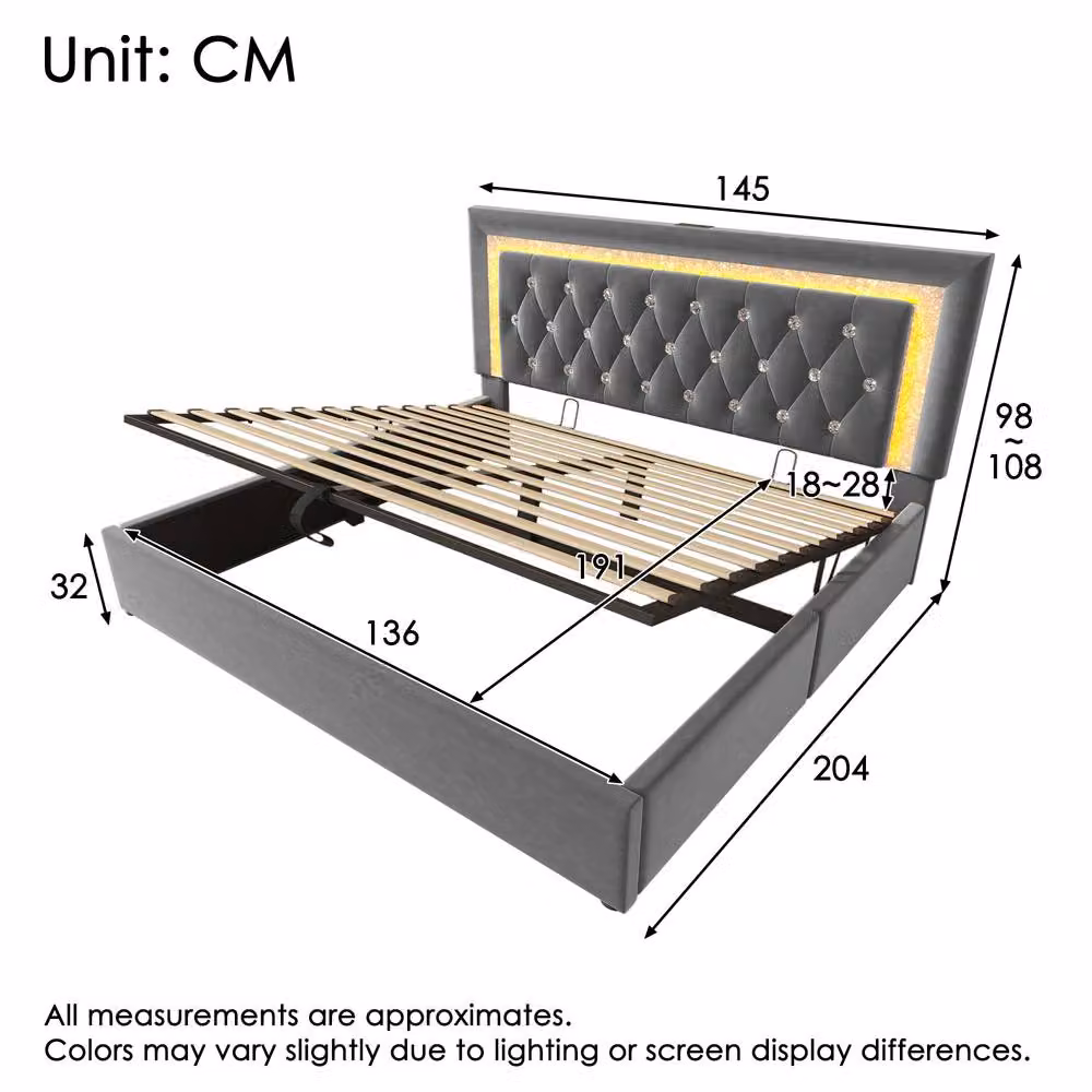 Matteo Grey Velvet Double Bed with LED Lighting, USB Charging Ports and Hydraulic Storage, W/D/H: 140 x 200 cm – 2