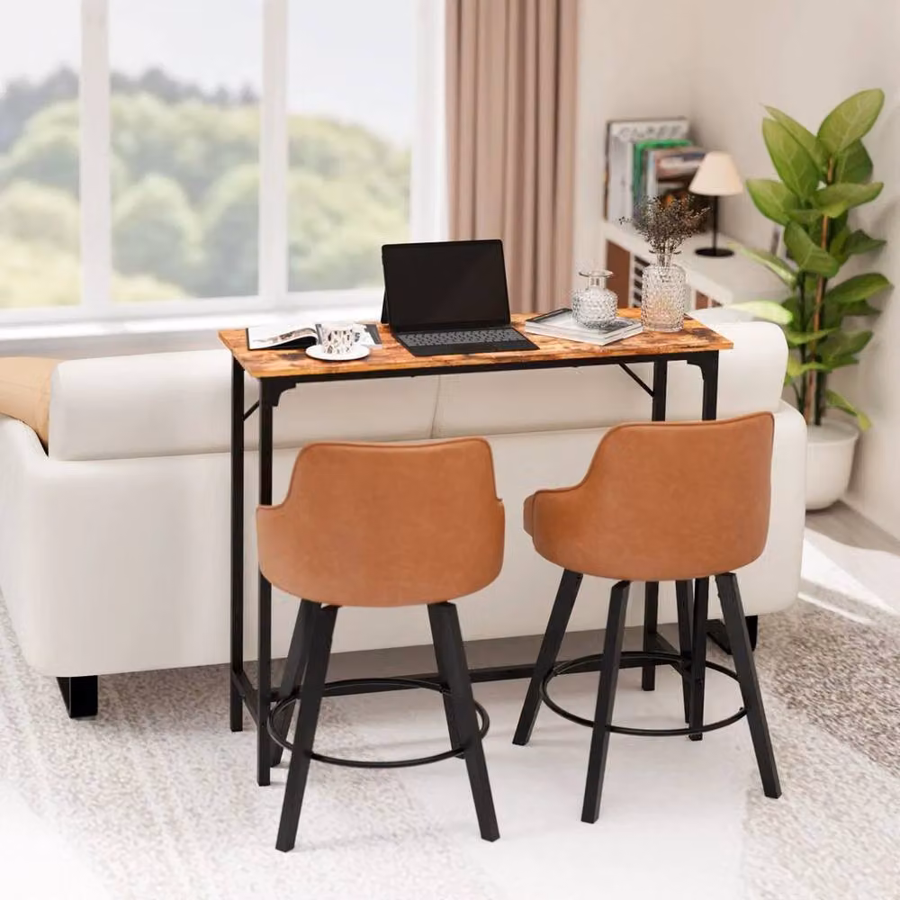 FLAVORA Industrial Rectangular Kitchen Breakfast Bar Dining Table with Brown Wood Top and Black Metal Legs – 4