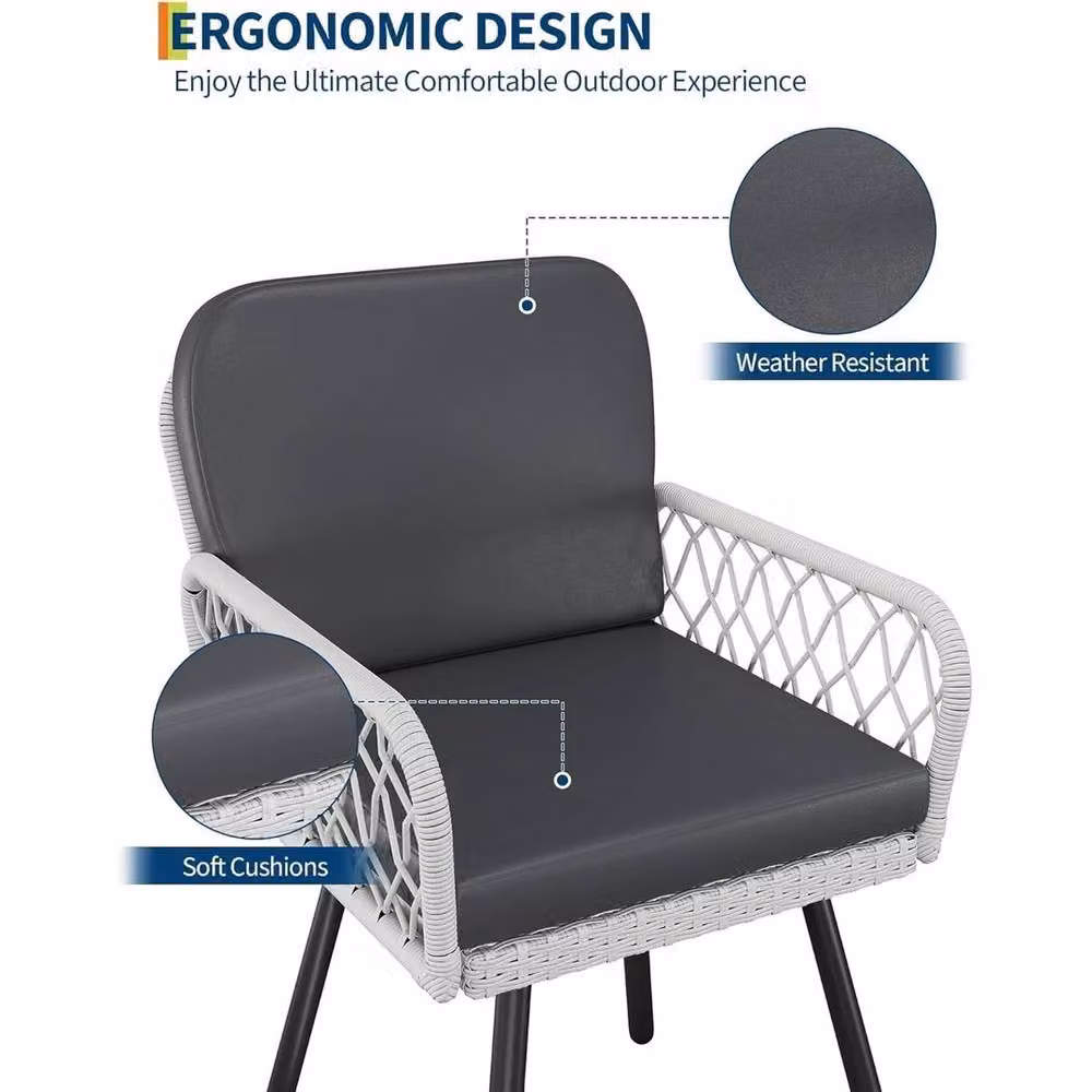 VOGREX Set of 2 Modern Grey Rattan Garden Dining Chairs with Metal Frame – 4