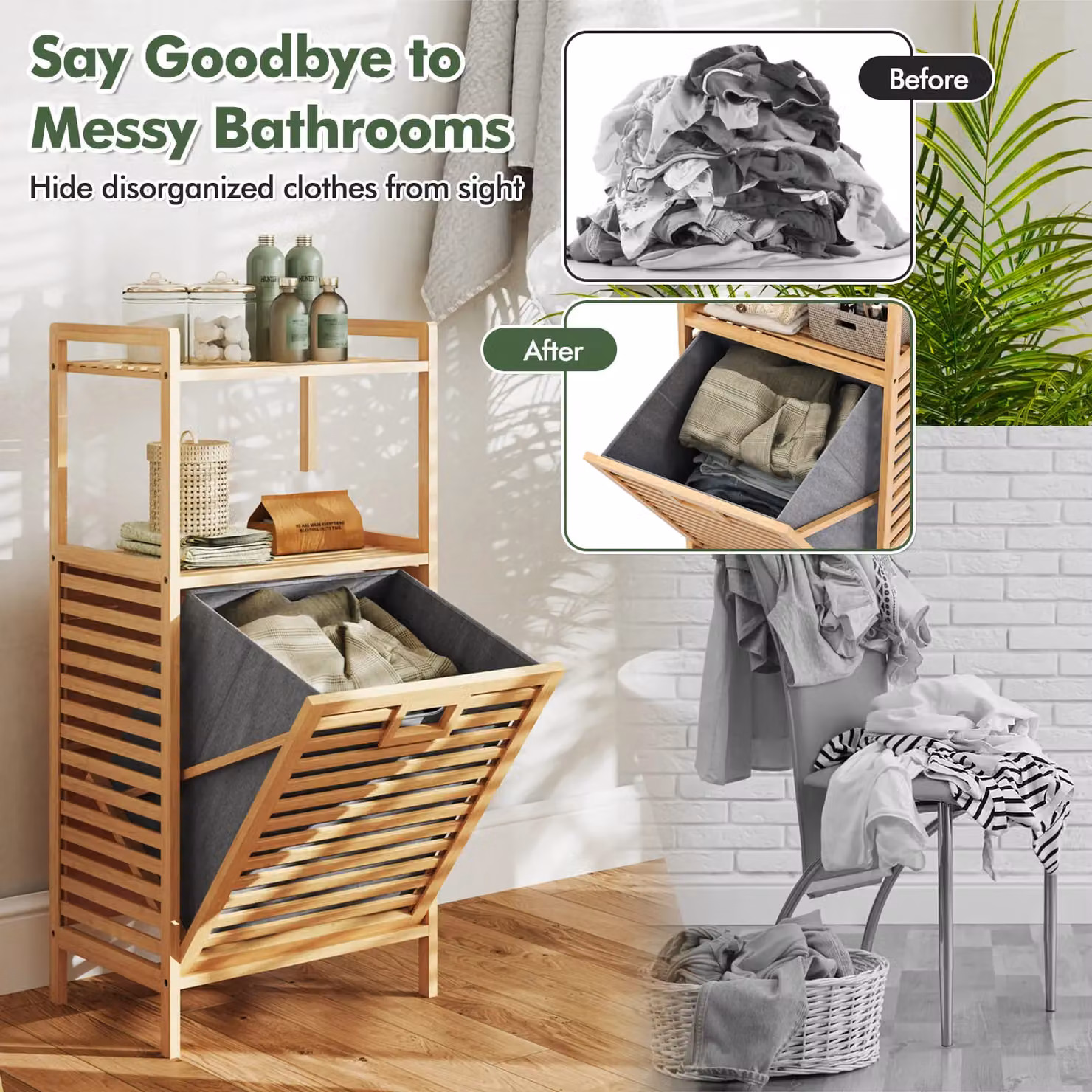 Costway Bamboo Tilt Out Laundry Hamper Cabinet with Storage Shelves in Natural Brown – 2
