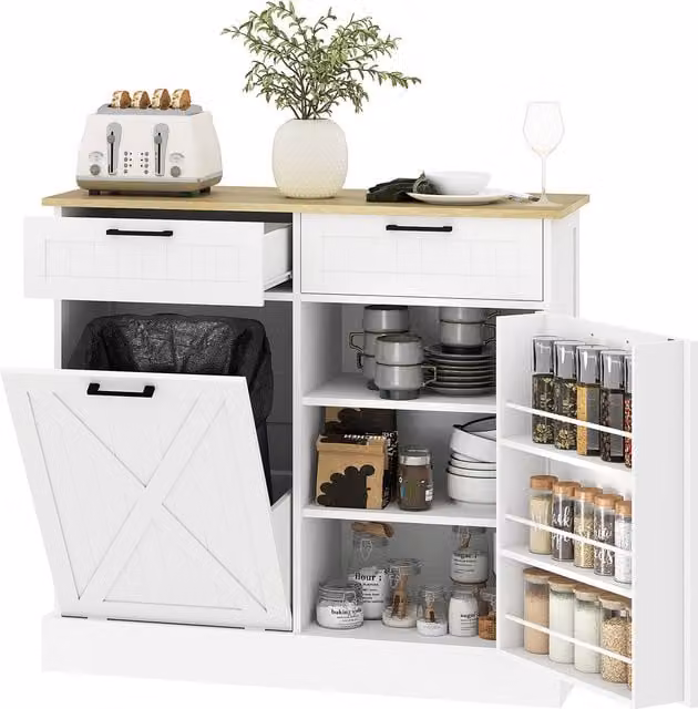 HOMCOM White Farmhouse Kitchen Sideboard with Tilt-out Trash Bin, 2 Drawers and Adjustable Shelves – 1