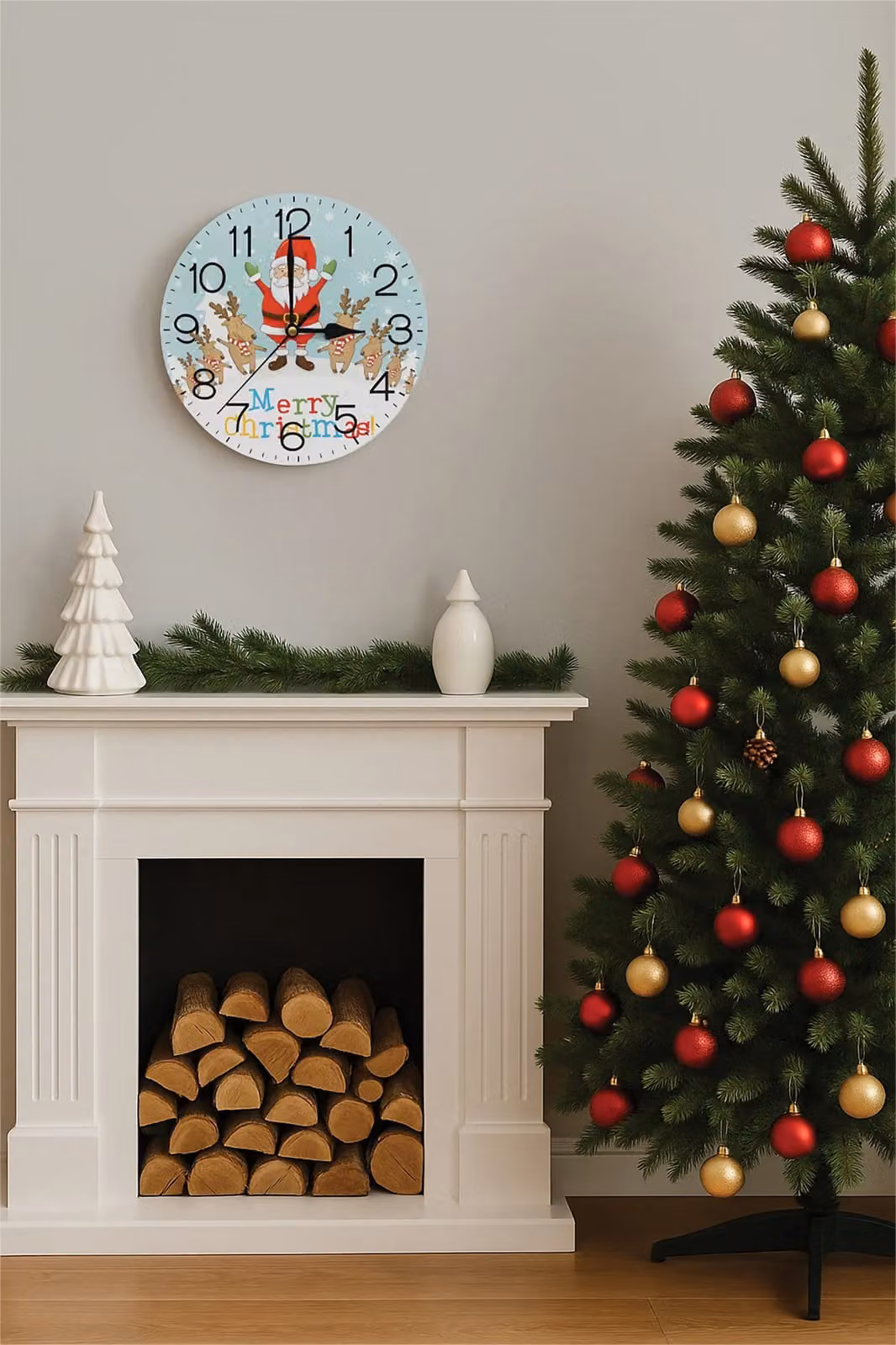 Netagon Christmas Reindeer and Santa Design Festive Battery Operated Analog Wall Clock in Red, White and Multicolour, Diameter: 22.86 cm – 5