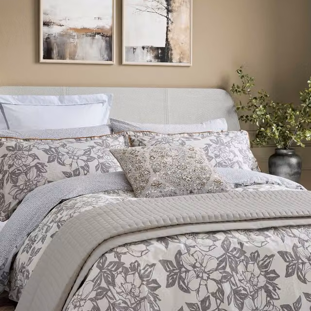Bedeck of Belfast Maira Single Duvet Cover and Pillowcase Set, Grey Floral Cotton Percale, W: 90 cm, H: 200 cm