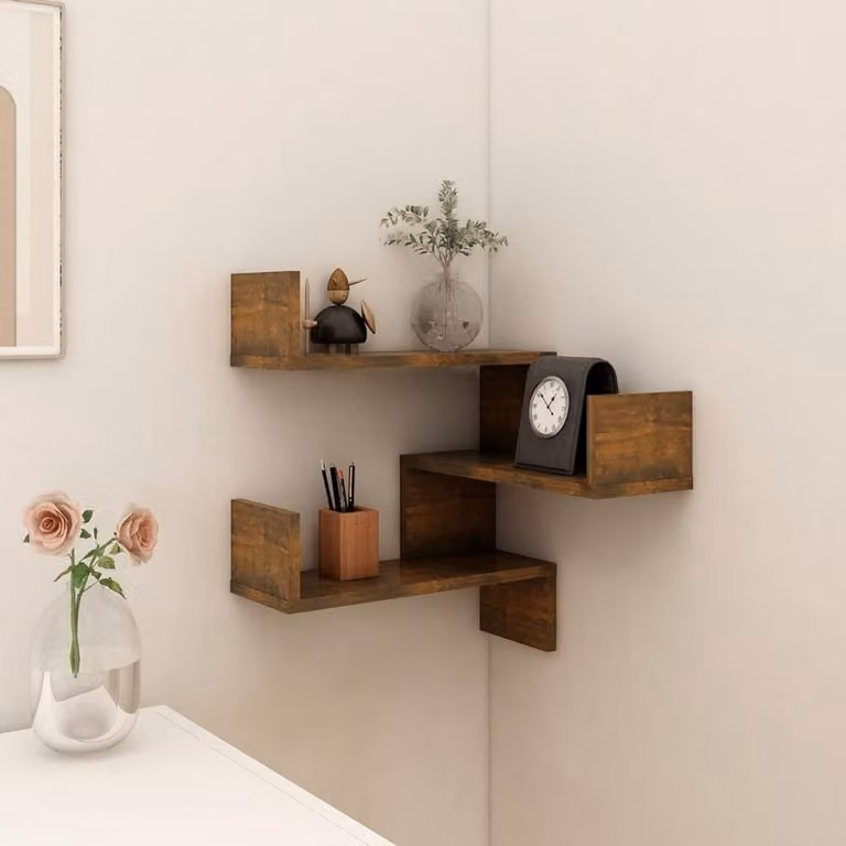 Berkfield Home Wall Mounted Corner Shelf in Smoked Oak Brown, W/D/H: 40 x 40 x 50 cm