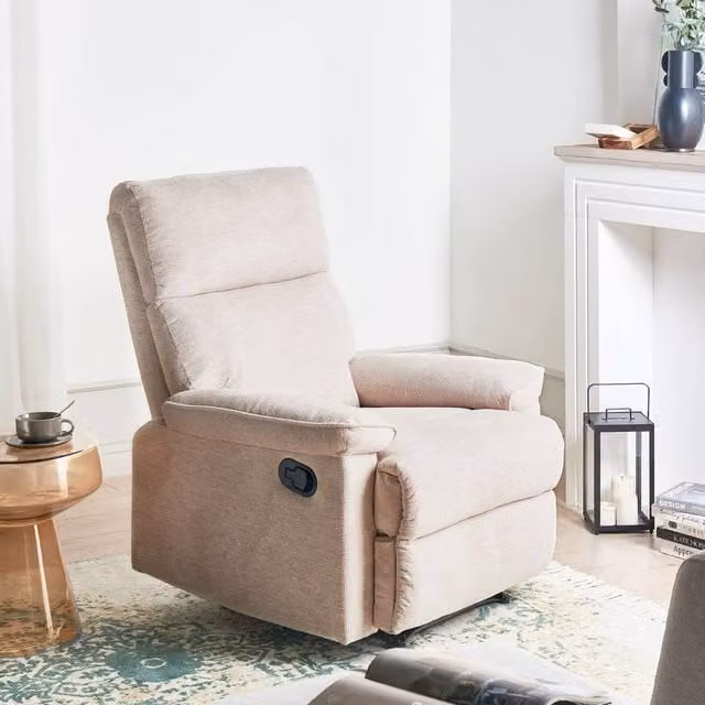 Wyld and Coco Beige Fabric Armchair with Adjustable Footrest and Solid Wood Frame