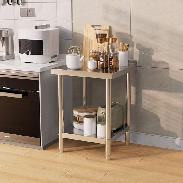 Livingandhome Two-Tier Stainless Steel Workbench with Backsplash in Silver, Width: 60 cm