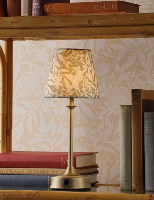 Joules Apsley Rechargeable LED Metal Floral Table Lamp in Antique Brass and Beige Fabric
