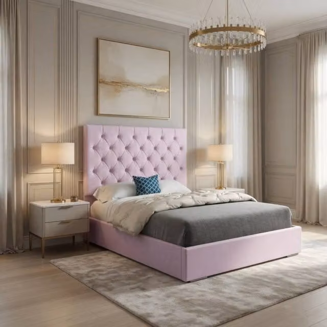 KDMD Finsbury Pink Velvet Upholstered Chesterfield Designer Bed Frame, Size: Super King (200 x 200 cm)