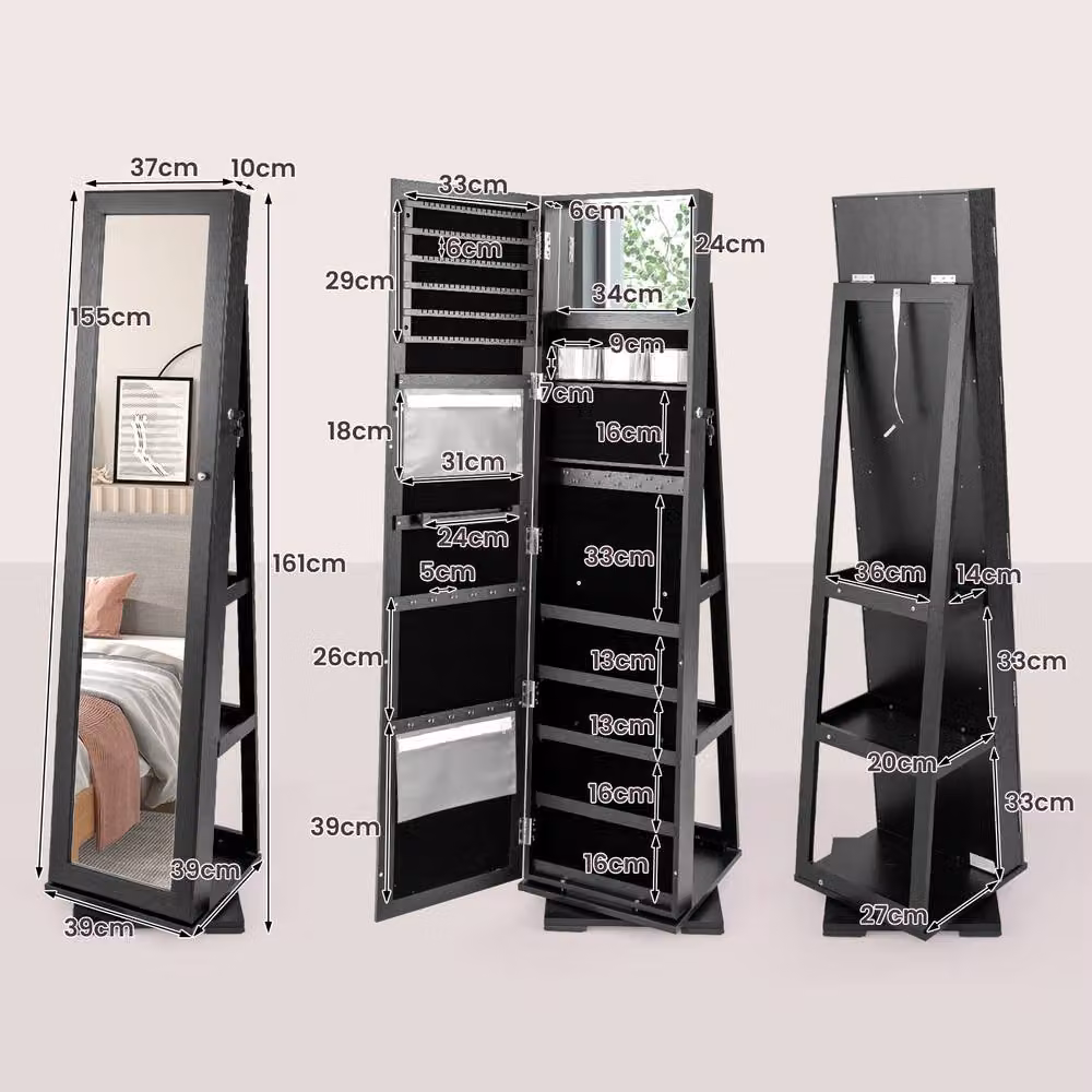 Gymax 3-in-1 Jewellery Mirror Cabinet in Black with 360 Degree Swivel and Lockable Hinged Doors – 2