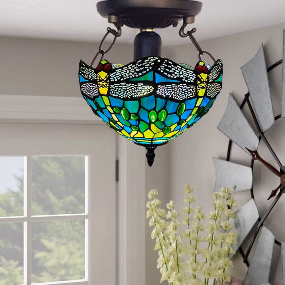 NESTLUNE Tiffany Style Green Dragonfly Glass Ceiling Lamp, Multicolour and Copper, Diameter: 25.4 cm – 3