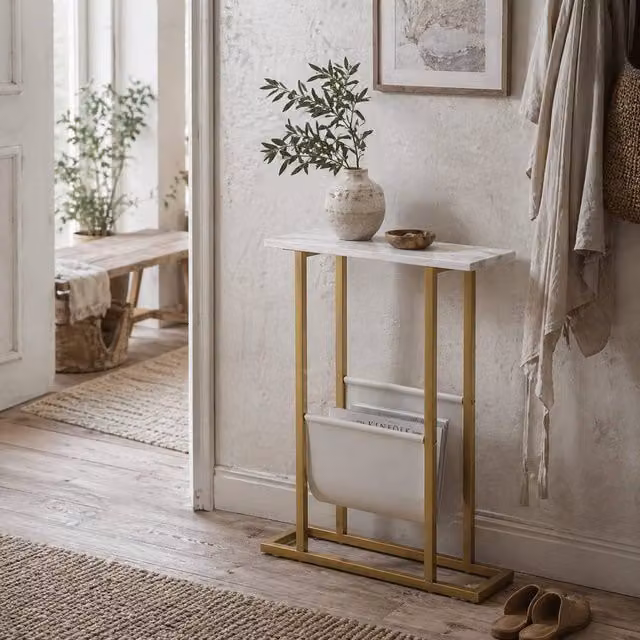 Wyld Haus Vanozi Slim Side Table with Magazine Shelf in White Marble Grain and Gold