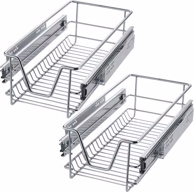 TECTAKE 2 Sliding Metal Wire Baskets with Drawer Slides, Grey and Silver, Width: 30 cm