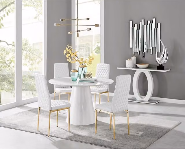 FurnitureboxUK Palma White High Gloss Round Dining Table and 4 Milan Gold Leg Chairs Set