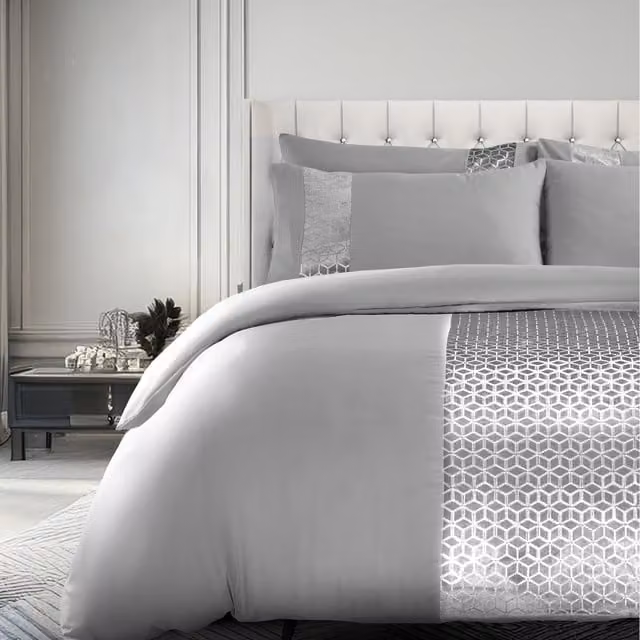 Velosso Silver and Grey Graphic Duvet Set with Pillowcases, W: 140 cm, L: 200 cm