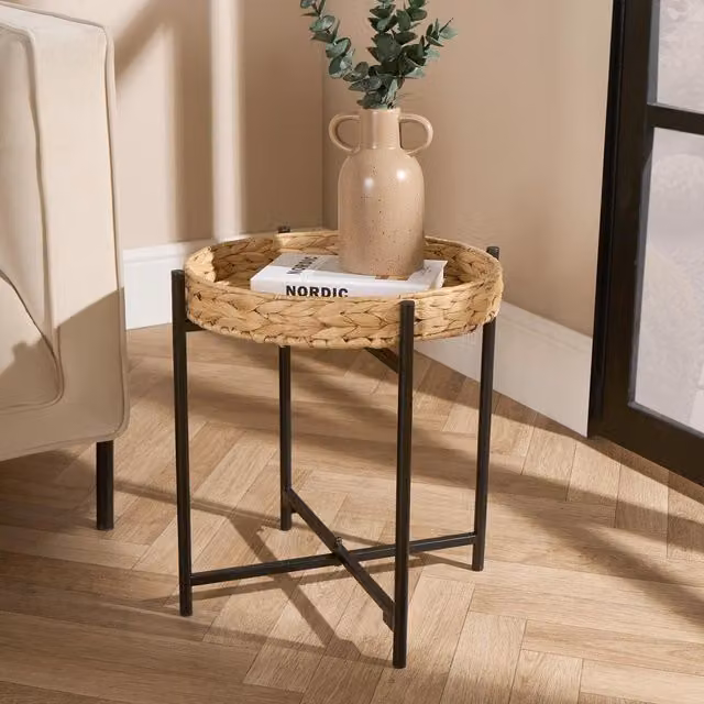OHS Rustic Round Rattan Tray Side Table in Brown, Black or Yellow