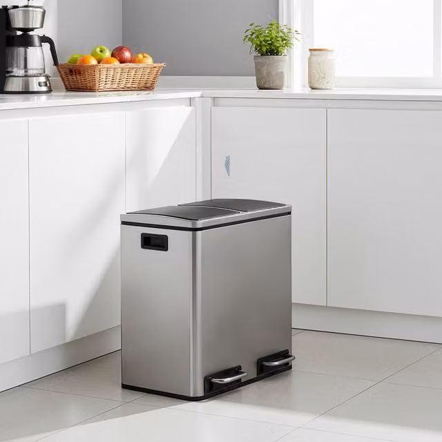 SONGMICS Double Kitchen Bin with Soft-Close Lids and Pedal Operation, Silver