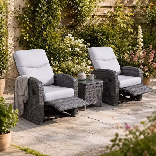 Shatchi Verona 2 Seater Rattan Reclining Bistro Set with Dark Grey Cushions – 1
