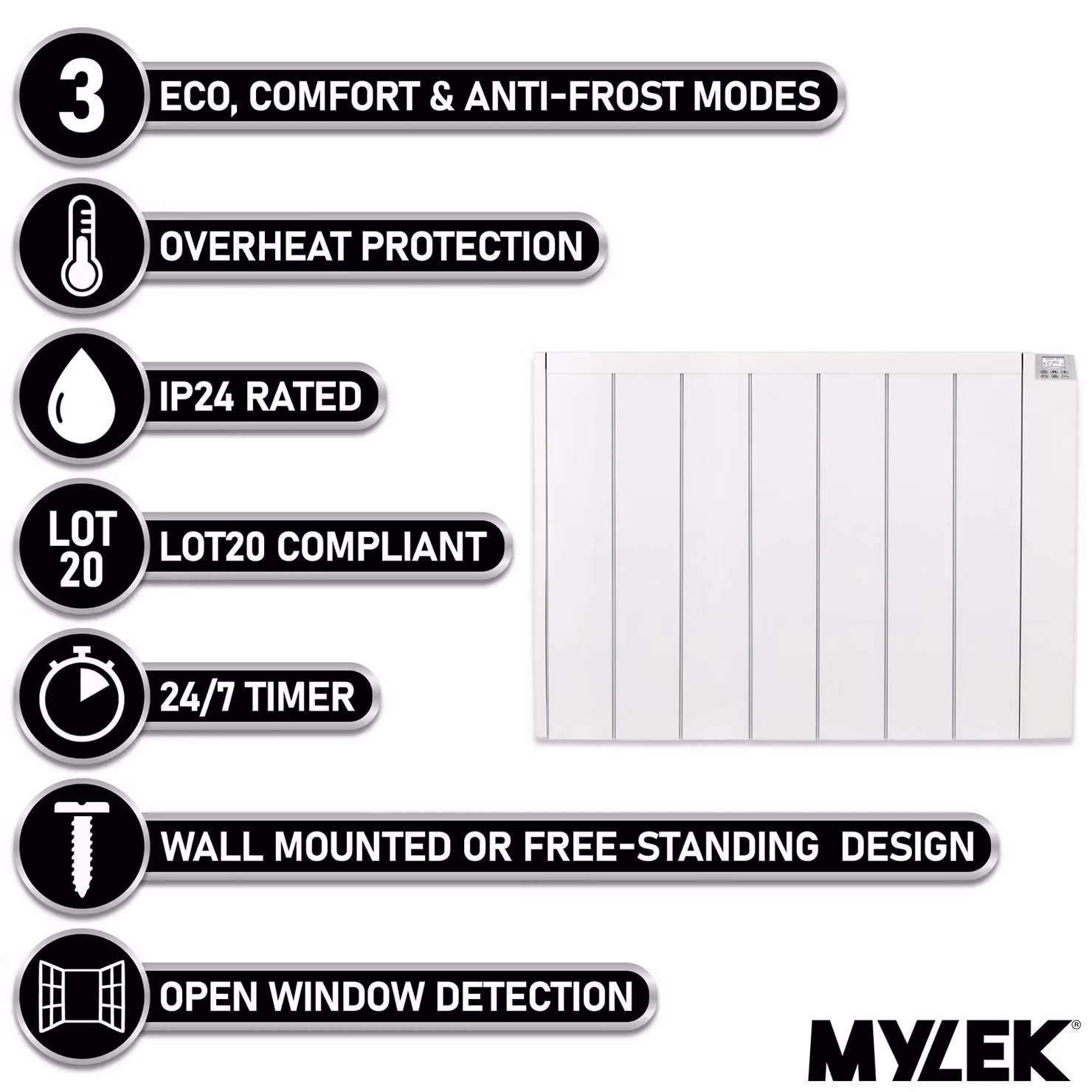 MYLEK White Ceramic Electric Panel Heater with 1000W Output, Digital Timer and Thermostat – 2
