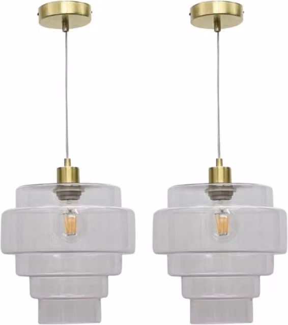 First Choice Lighting Benson Set of 2 5-Tier Glass and Satin Brass Ceiling Pendant Lights, Transparent and Gold/Brass