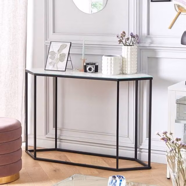 Wyld and Coco Modern Marble Effect Tempered Glass Console Table with Black Metal Frame, White and Black