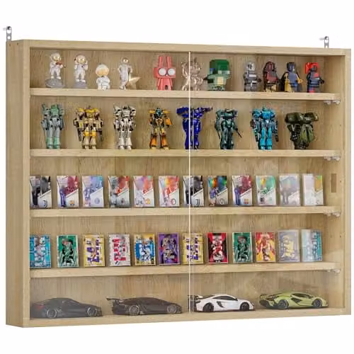 HOMCOM Wall Mounted 5-Tier Display Cabinet with Glass Doors in Oak Brown, W: 60 cm, H: 80 cm