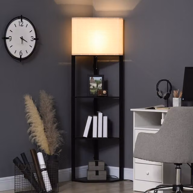 HOMCOM Modern Corner Floor Lamp with 3 Shelves in Black and Yellow