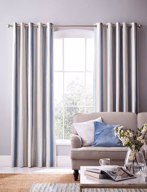 Laura Ashley Blue Mix Awning Stripe Eyelet Blackout Thermal Insulating Curtains