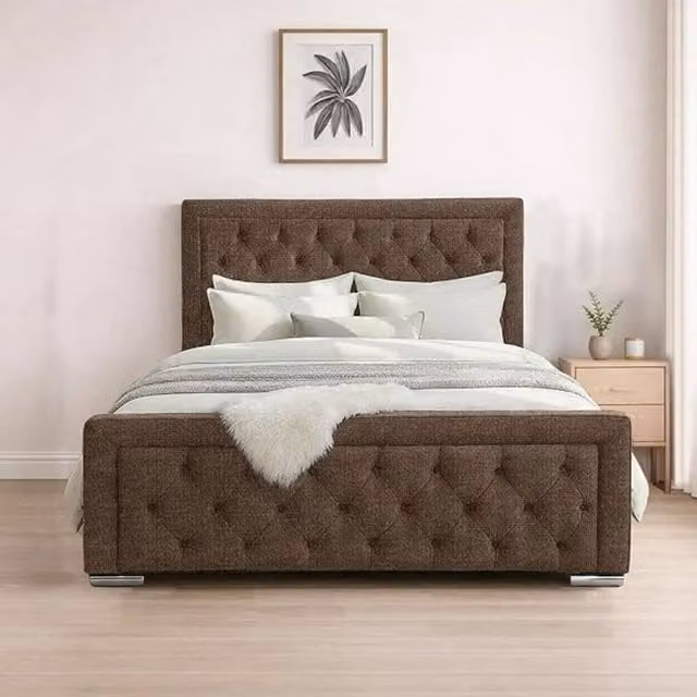 Bed Time UK Naples Upholstered Double Bed Frame with Chesterfield Floor Standing Headboard in Beige or Brown, 140 x 200 cm