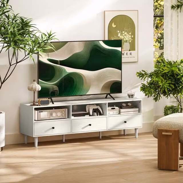 HOMCOM Modern TV Unit and Cabinet for up to 75 inch Screens with Drawers and Shelves in Cream White and Beige Matt Finish