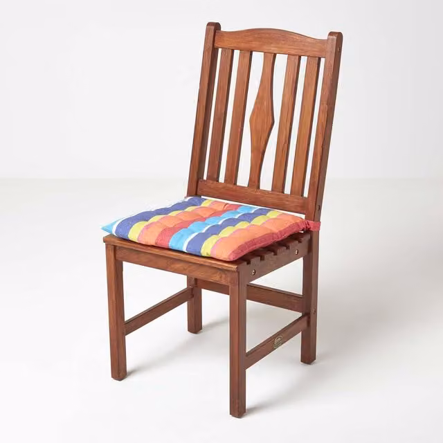 Homescapes Multicolour Blue Cotton Square Seat Pad with Tie Cords