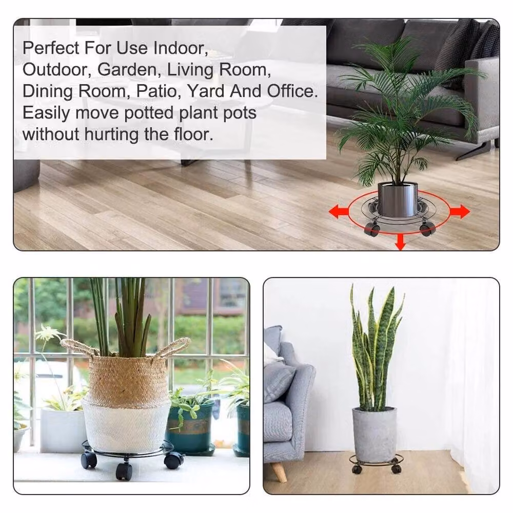 FLAVORA 3 Pack Round Metal Plant Pot Caddy in Black – 3