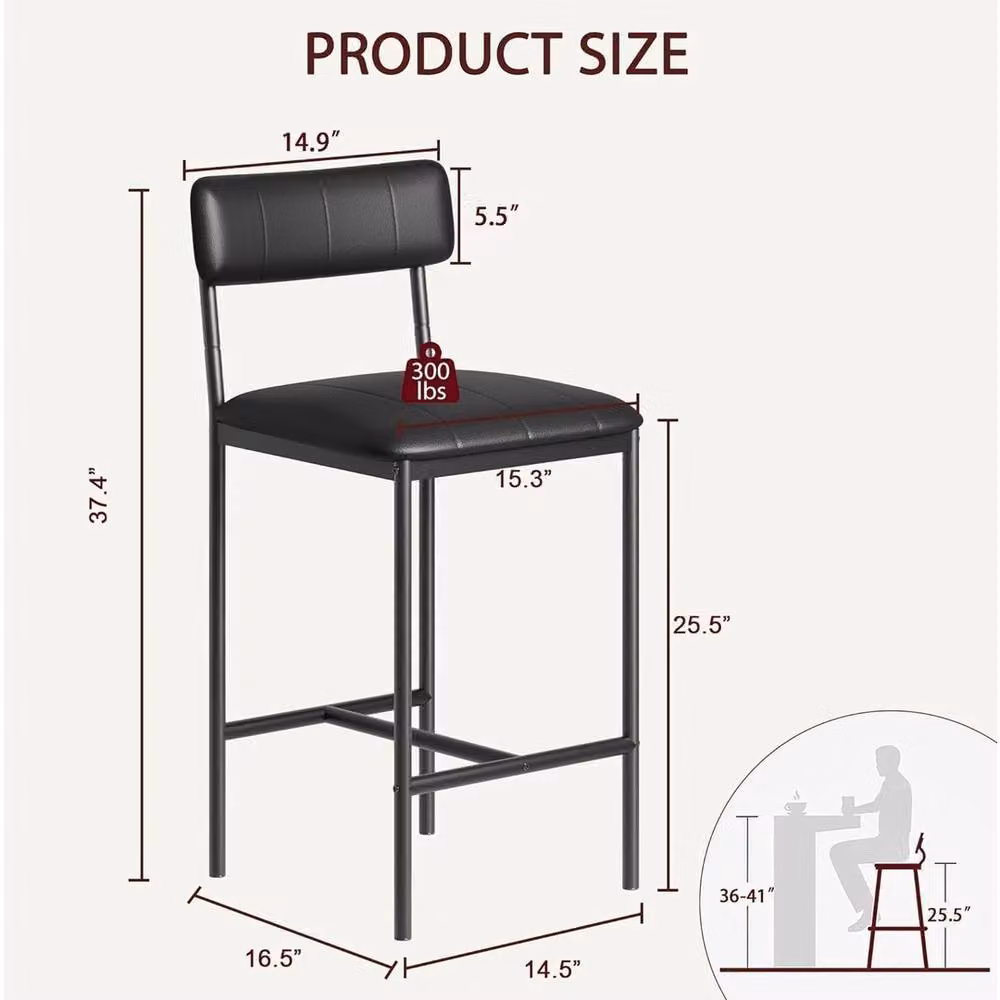 VOGREX Set of 2 Modern Black PU Leather Bar Stools with Metal Legs – 2