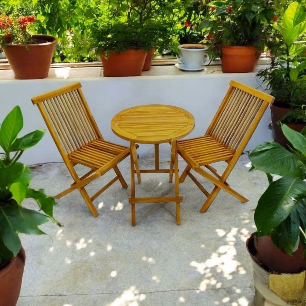 NESTLUNE Teak Wooden Garden Furniture Set with 2 Chairs and 1 Round Table in Natural Brown and Beige – 2