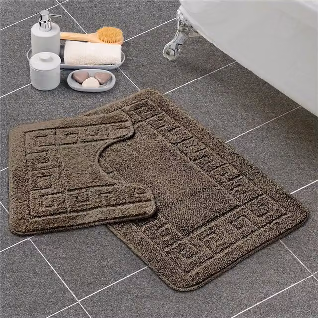 Gaveno Cavalia Greek 2 Piece Cotton Bath Set in Brown, including Bath Mat 50 x 80 cm and Pedestal Mat 50 x 40 cm
