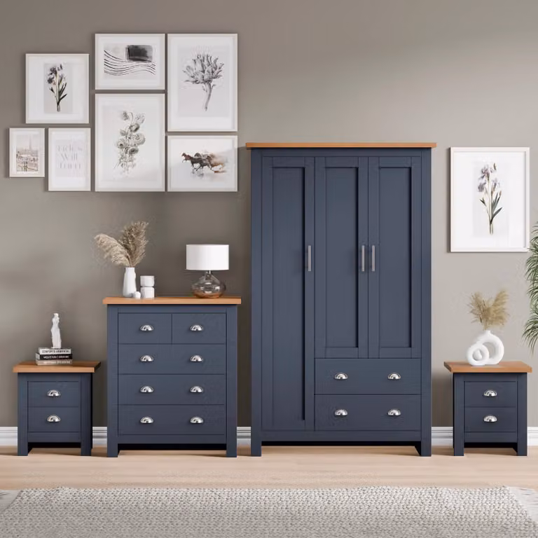 DHS Shaker 4 Piece Blue Bedroom Set including Wardrobe, Chest of Drawers and Nightstand